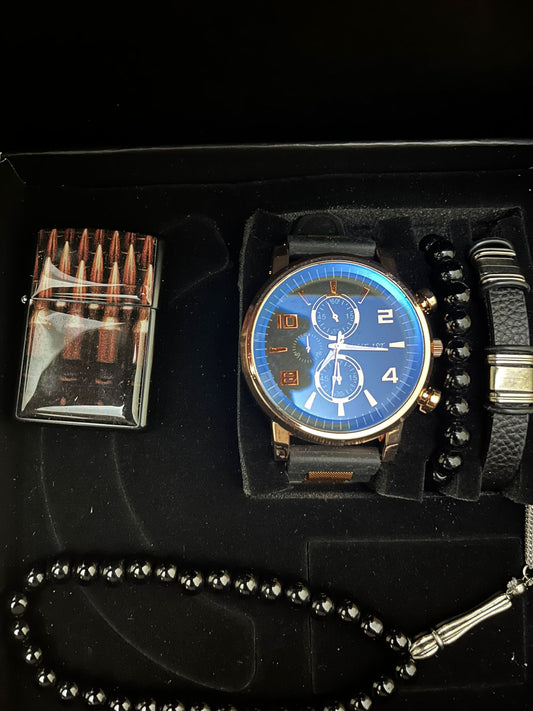 Erkek Kol Saati Bileklik 5 Parça Hediye Set Çakmaklı